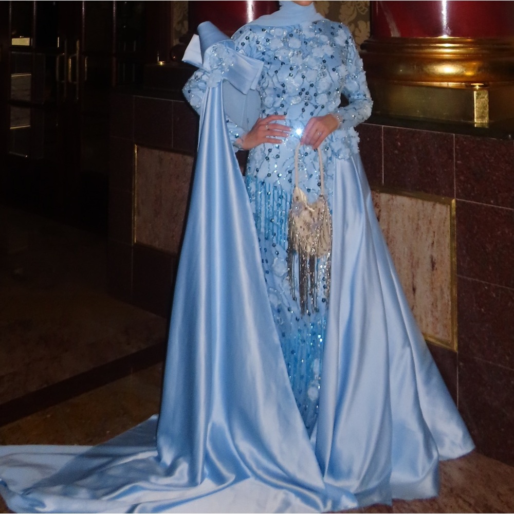 Light Blue Embellished Evening Gown with Arm Cape